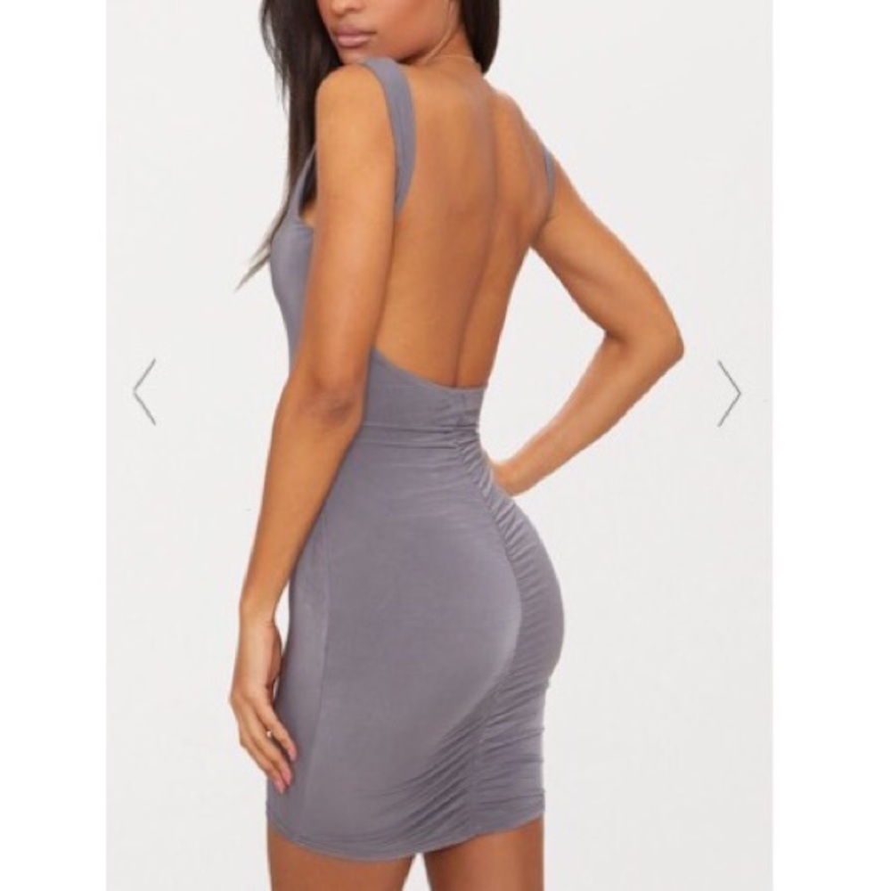 NWT Elephant Gray Slinky Ruched Back Bodycon Dress